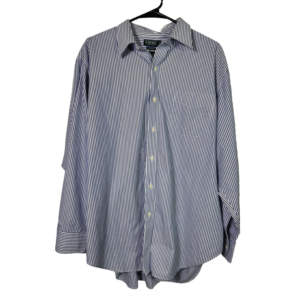 Lauren Ralph Lauren Men 18 34/35 Blue White Stripe Non Iron Classic Fit Normcore